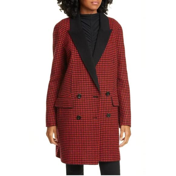 Veronica Senna Red Houndstooth Wool Double Breasted Long Coat Jacket size 4 - Picture 1 of 13